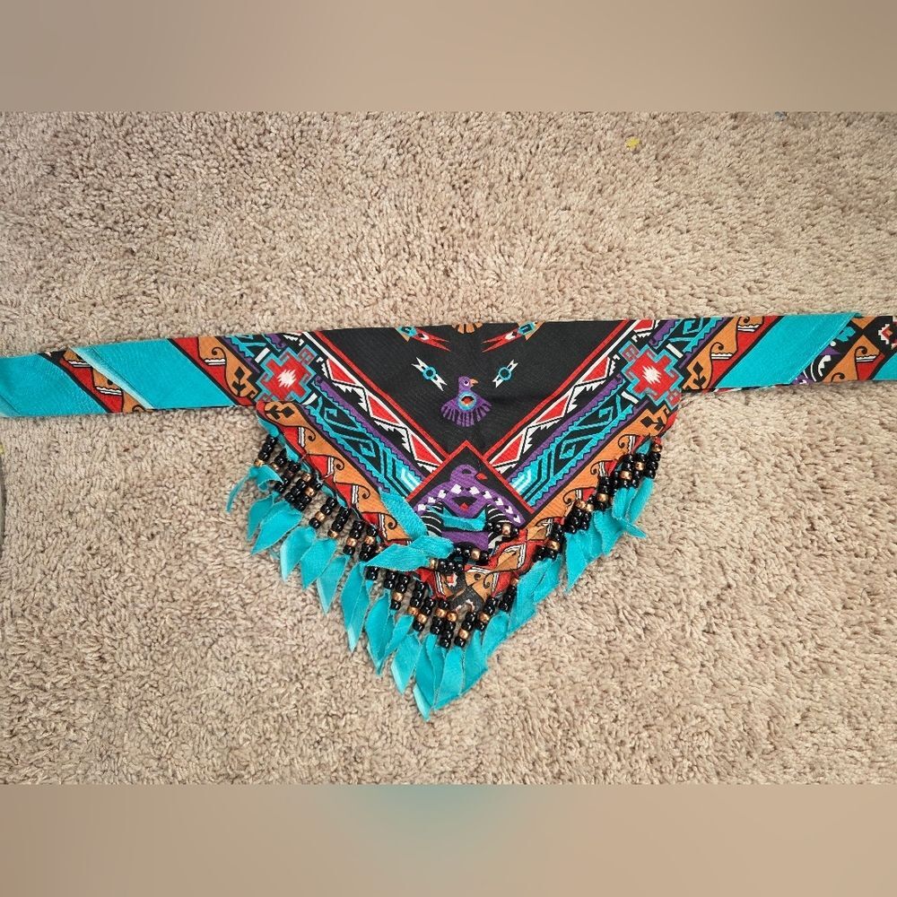 Vintage Handmade Beaded Bandana Southwest Print Fringed Neck Scarf Festival - Picture 8 of 9